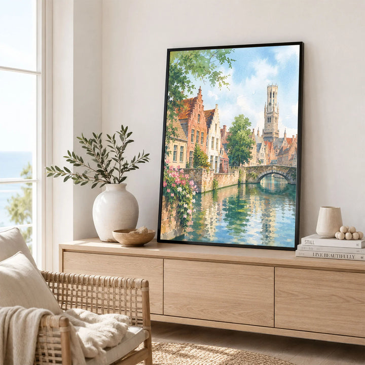 Bruges canal and Belfry tower watercolour art print framed in a living room