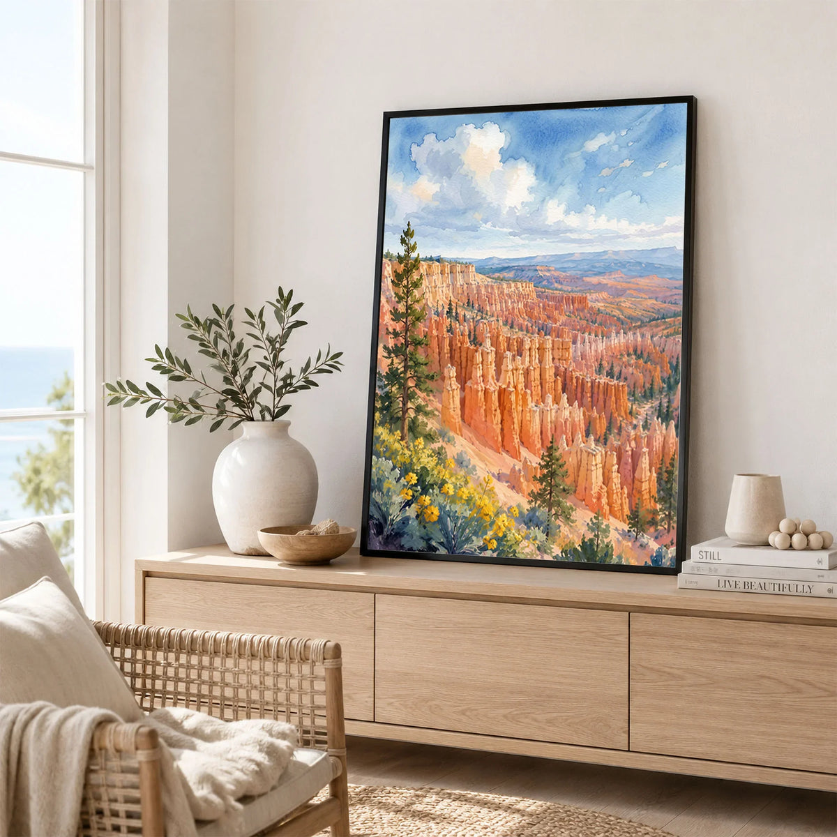 Bryce Canyon National Park hoodoo amphitheatre watercolour art print framed in a living room