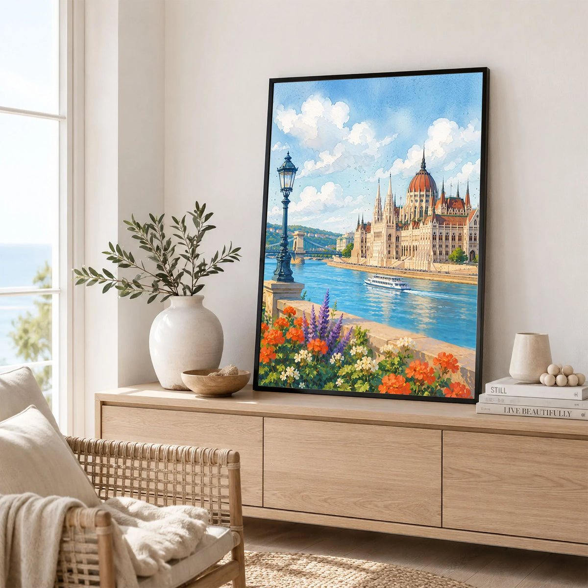 Budapest Parliament on the Danube watercolour art print framed in a living room