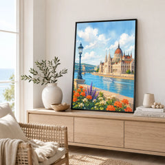 Budapest Parliament on the Danube watercolour art print framed in a living room