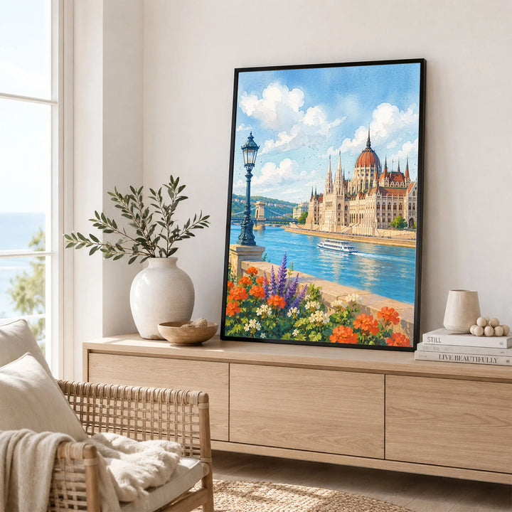 Budapest Parliament on the Danube watercolour art print framed in a living room