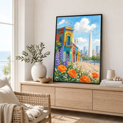 Buenos Aires La Boca houses and the Obelisco watercolour art print framed in a living room