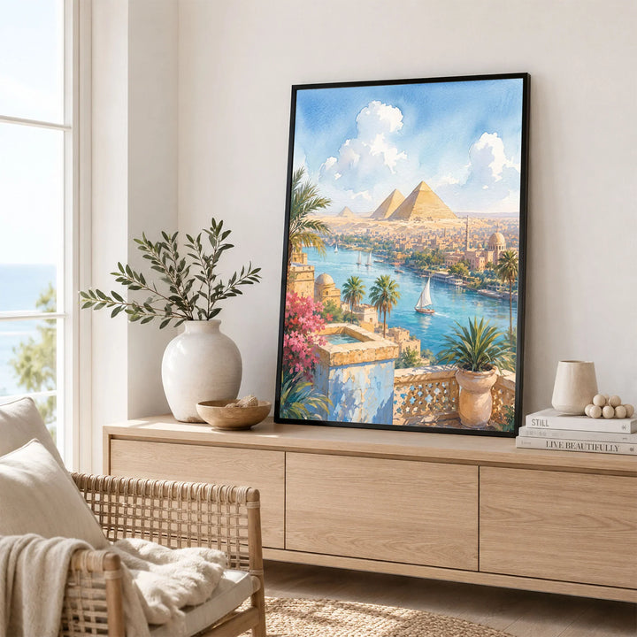 Cairo Pyramids of Giza and the Nile watercolour art print framed in a living room