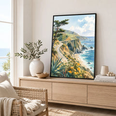 Big Sur Bixby Bridge on the coast watercolour art print framed in a living room