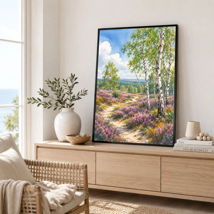 Cannock Chase silver birch and heather path watercolour art print framed in a living room