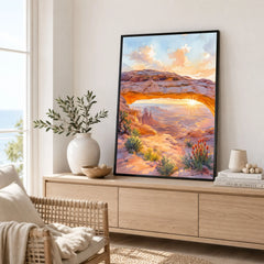 Canyonlands National Park Mesa Arch at sunrise watercolour art print framed in a living room