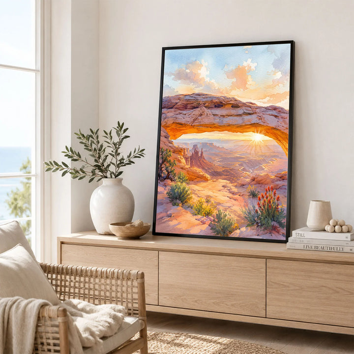 Canyonlands National Park Mesa Arch at sunrise watercolour art print framed in a living room