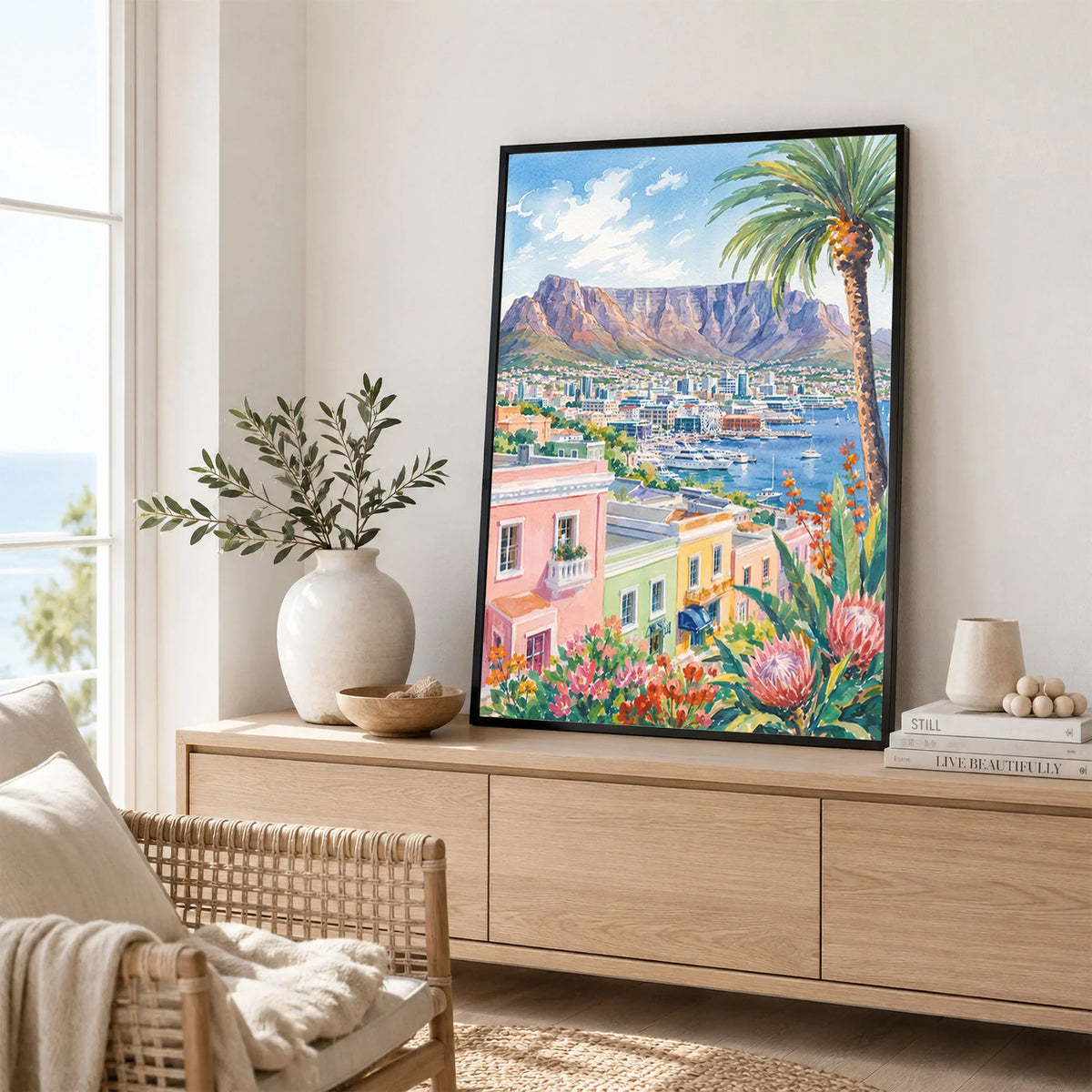 Cape Town Table Mountain and colourful houses watercolour art print framed in a living room