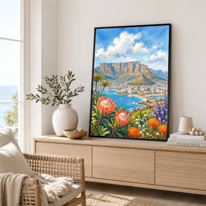 Cape Town Table Mountain bay with proteas watercolour art print framed in a living room