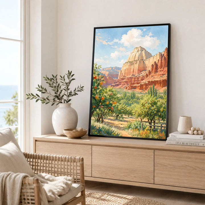 Capitol Reef National Park Fruita orchards and cliffs watercolour art print framed in a living room