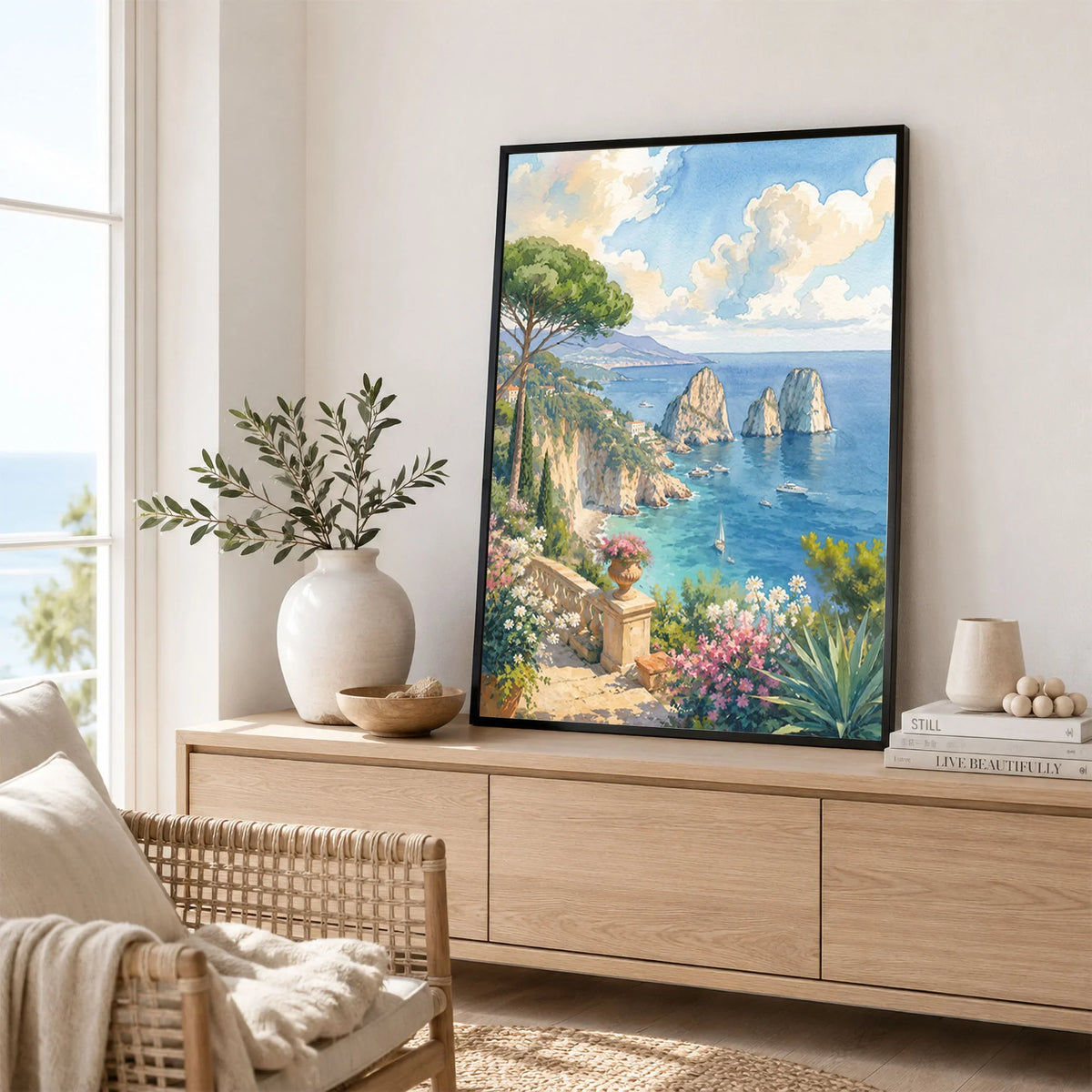 Capri Faraglioni rocks watercolour art print framed in a living room
