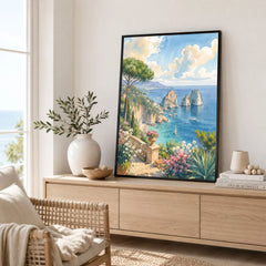 Capri Faraglioni rocks watercolour art print framed in a living room