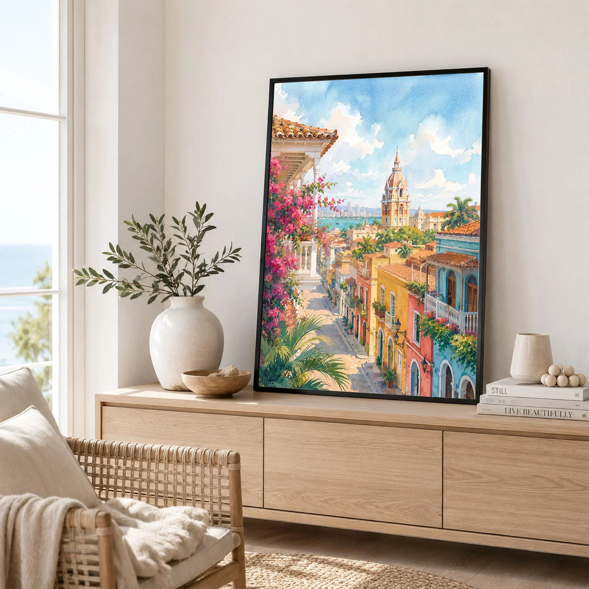 Cartagena colonial old town street watercolour art print framed in a living room