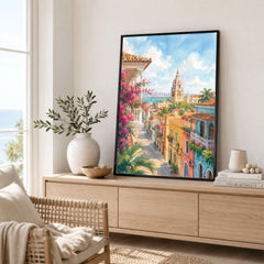 Cartagena colonial old town street watercolour art print framed in a living room