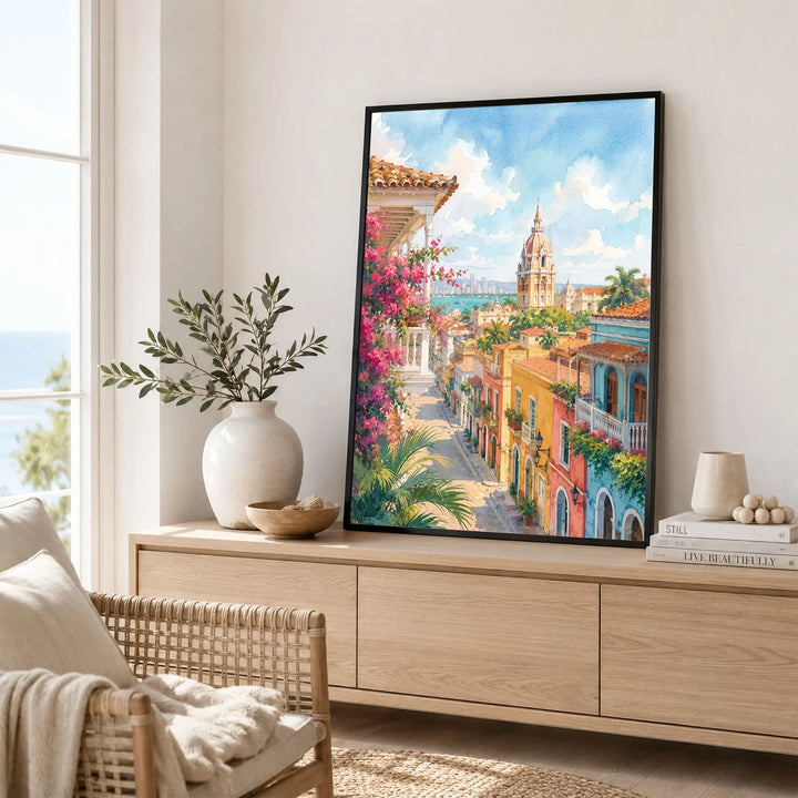 Cartagena colonial old town street watercolour art print framed in a living room