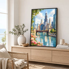 Chicago river and skyline watercolour art print framed in a living room