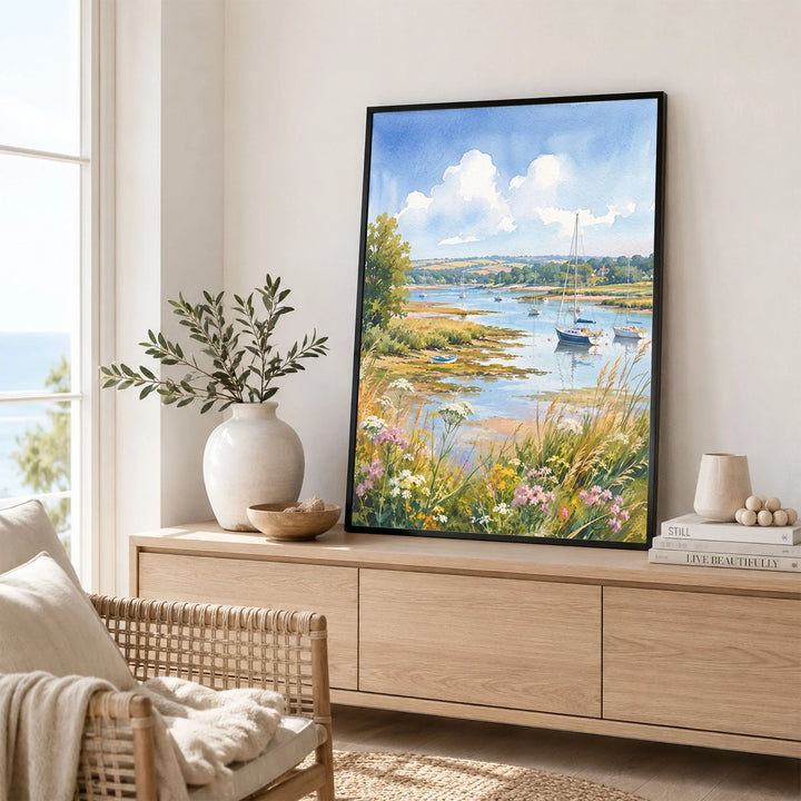 Chichester Harbour sailing boats in the harbour watercolour art print framed in a living room