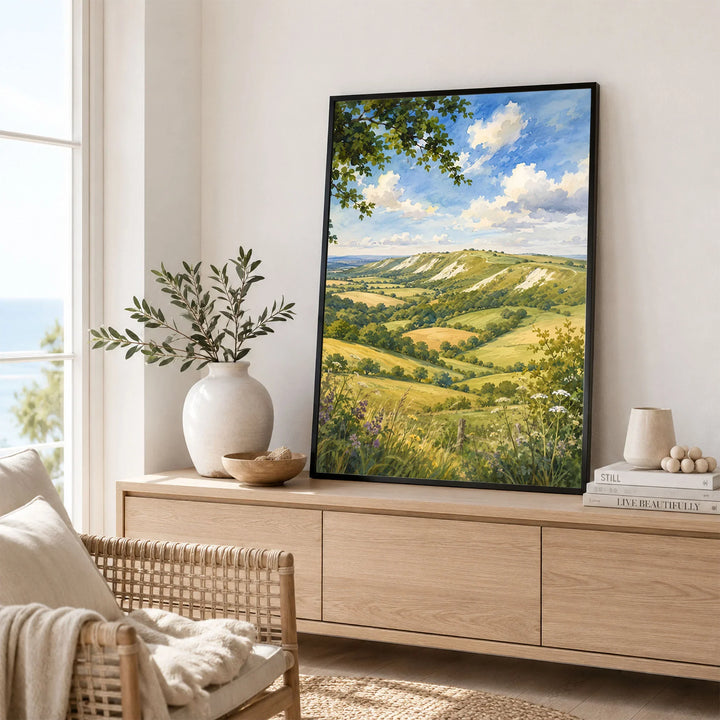 Chilterns rolling chalk hills watercolour art print framed in a living room