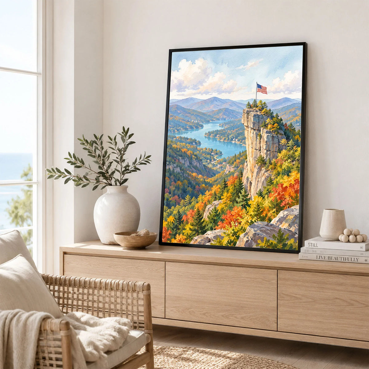 Chimney Rock State Park Chimney Rock above Lake Lure watercolour art print framed in a living room