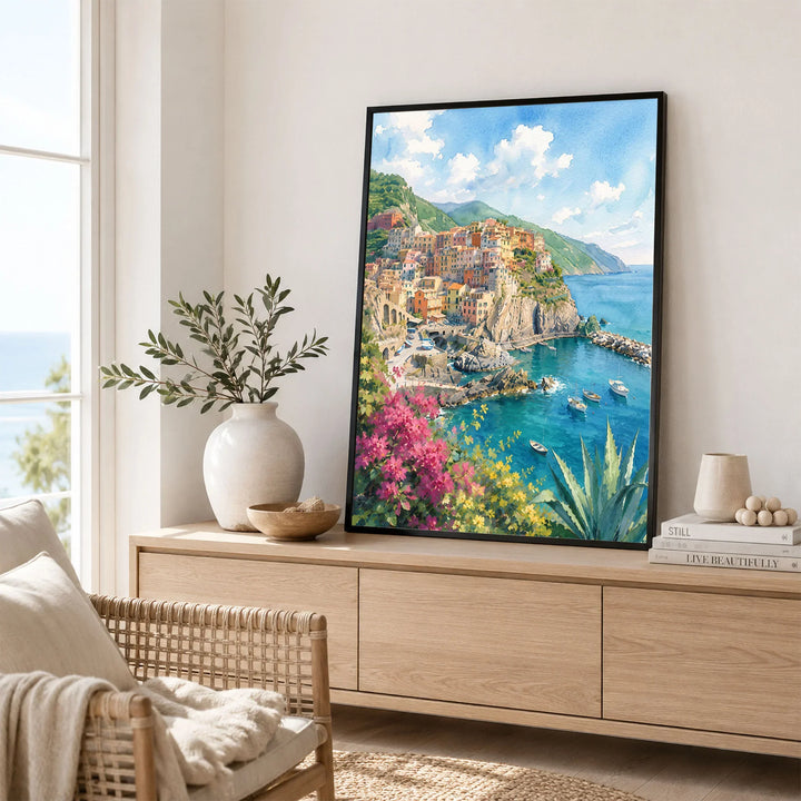 Cinque Terre Manarola cliff village watercolour art print framed in a living room