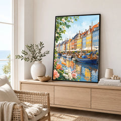 Copenhagen Nyhavn harbour houses watercolour art print framed in a living room
