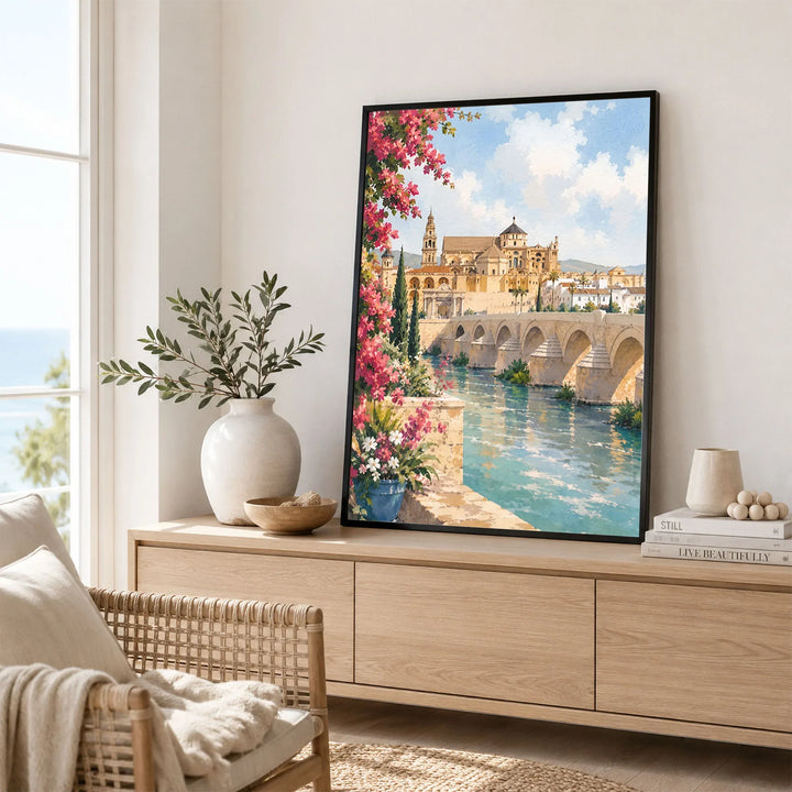 Córdoba Roman bridge and Mezquita watercolour art print framed in a living room