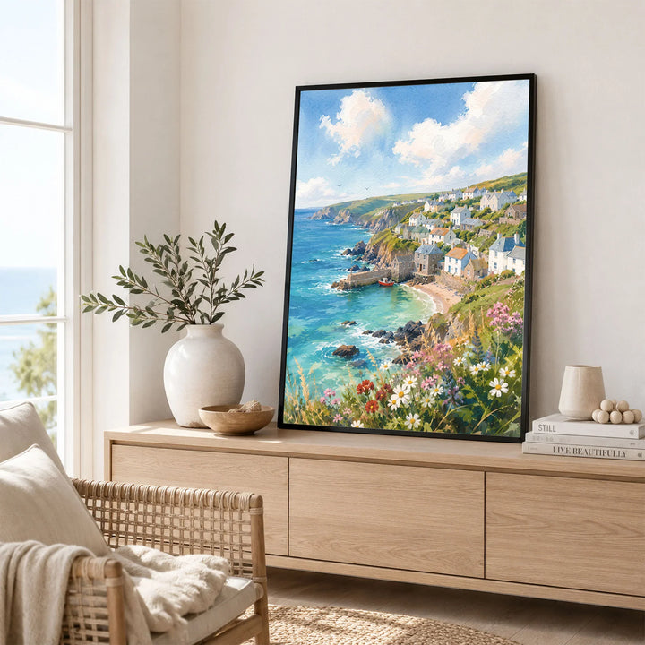 Cornwall harbour village and cove watercolour art print framed in a living room