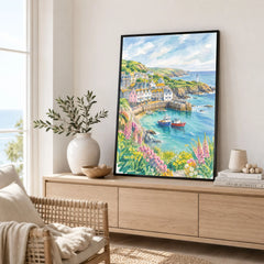 Cornwall harbour, fishing boats and lighthouse watercolour art print framed in a living room
