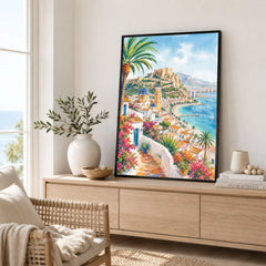 Costa Blanca Altea blue-domed church and coast watercolour art print framed in a living room