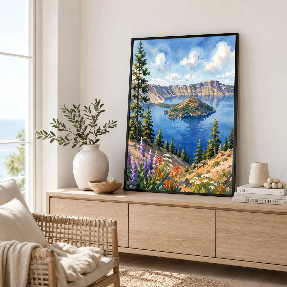 Crater Lake National Park Wizard Island in the deep blue lake watercolour art print framed in a living room