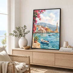 Crete Chania Venetian harbour and lighthouse watercolour art print framed in a living room