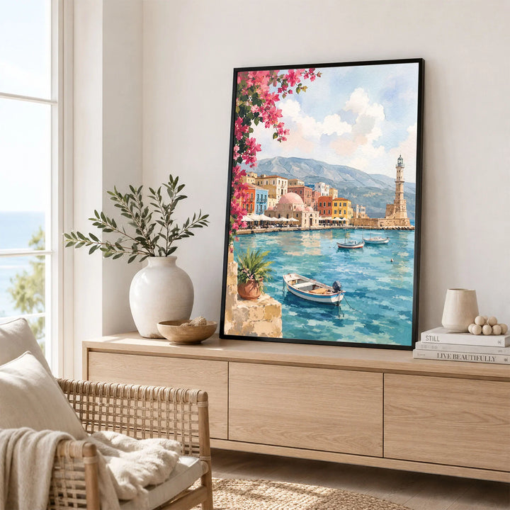 Crete Chania Venetian harbour and lighthouse watercolour art print framed in a living room