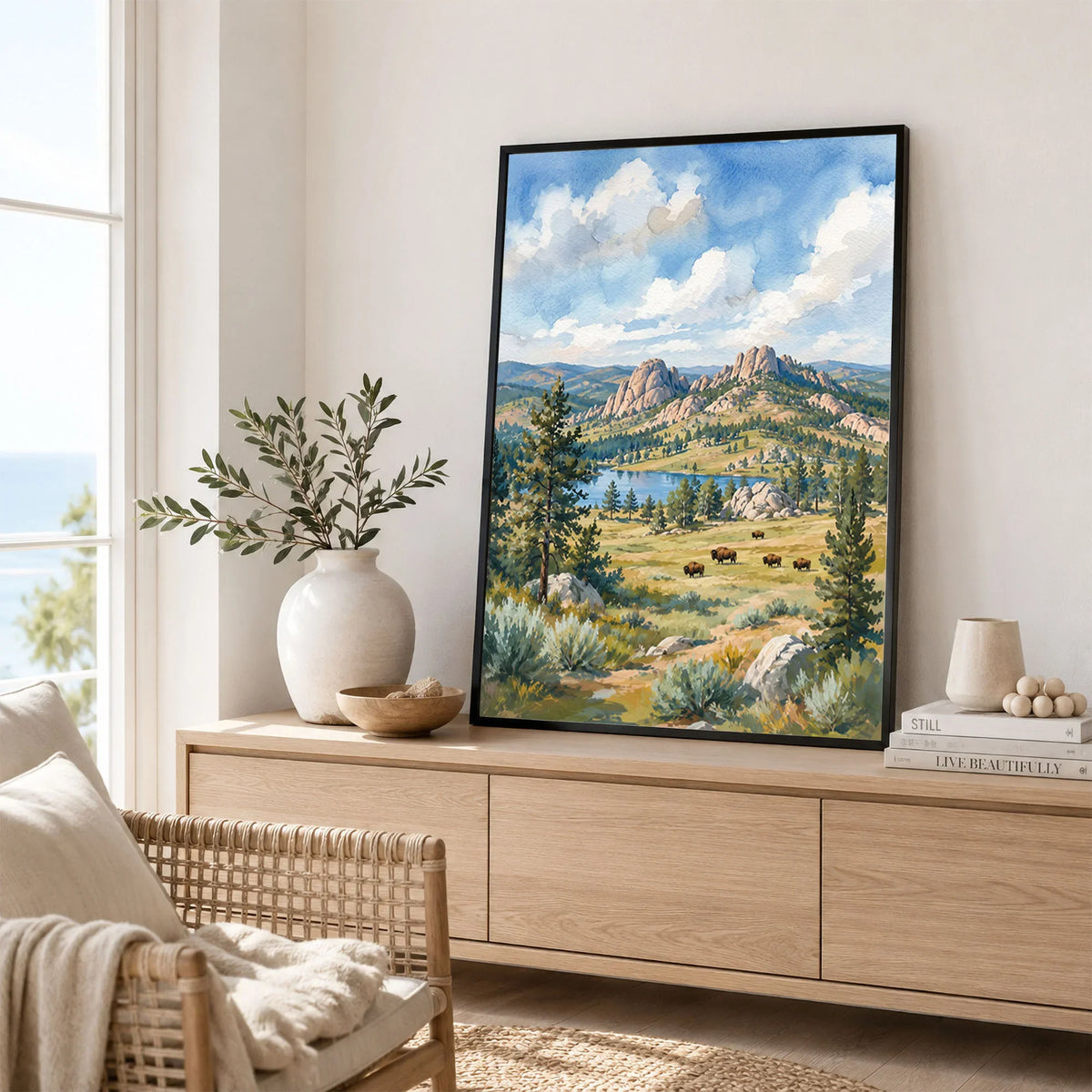 Custer State Park bison grazing below the Black Hills watercolour art print framed in a living room