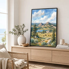 Custer State Park bison grazing below the Black Hills watercolour art print framed in a living room
