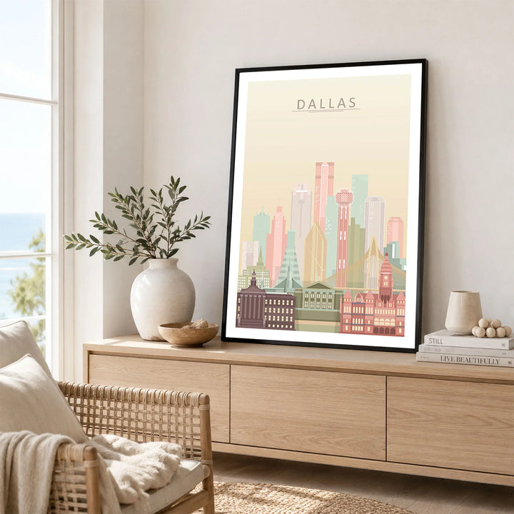 Dallas city skyline art print framed in a living room