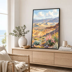 Death Valley National Park sand dunes and golden hills watercolour art print framed in a living room