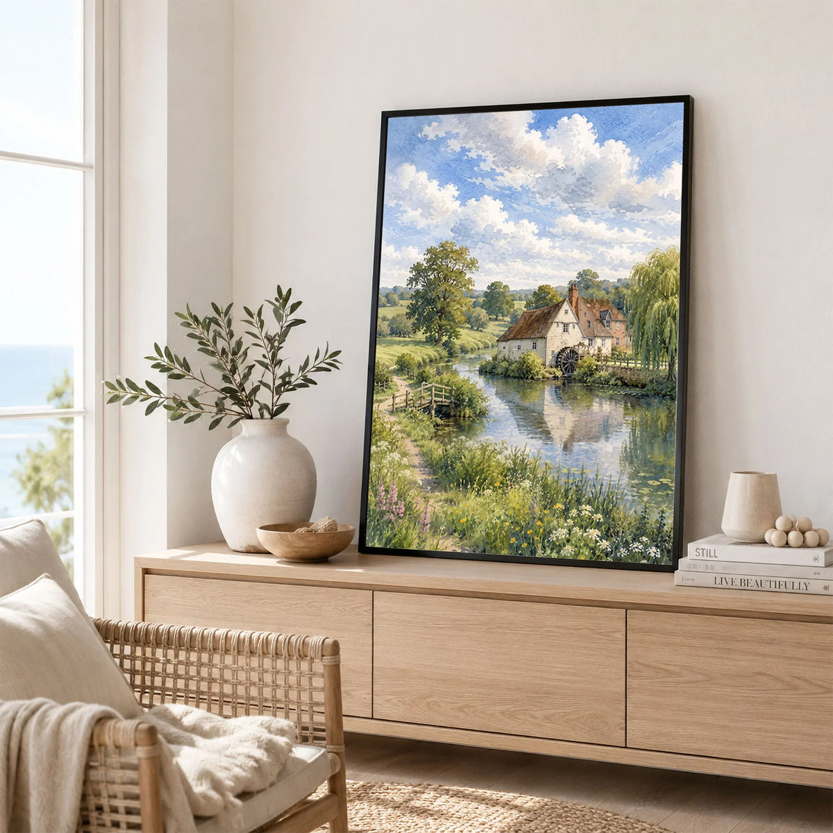 Dedham Vale watermill on the river watercolour art print framed in a living room