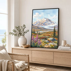 Denali National Park snow-capped Denali peak watercolour art print framed in a living room