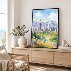 Denver skyline and Rocky Mountains watercolour art print framed in a living room