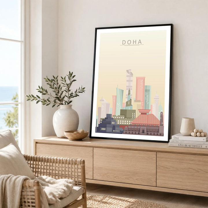 Doha city skyline art print framed in a living room