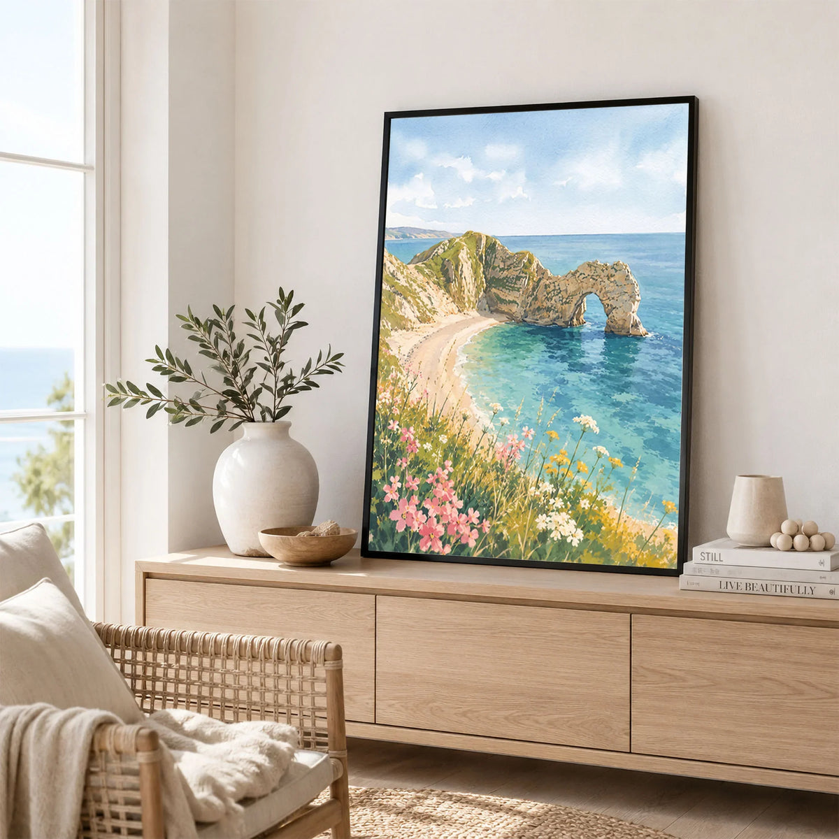 Dorset Durdle Door arch and beach watercolour art print framed in a living room