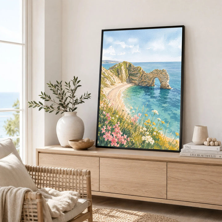 Dorset Durdle Door arch and beach watercolour art print framed in a living room
