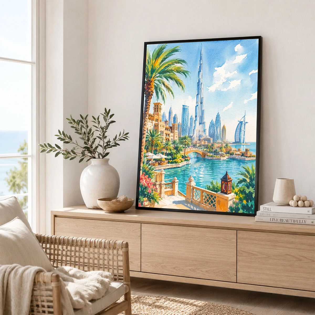 Dubai Burj Khalifa skyline watercolour art print framed in a living room