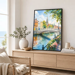 Dublin Ha'penny Bridge on the Liffey watercolour art print framed in a living room