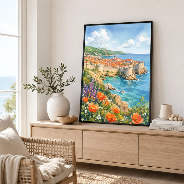 Dubrovnik old town walls and sea watercolour art print framed in a living room