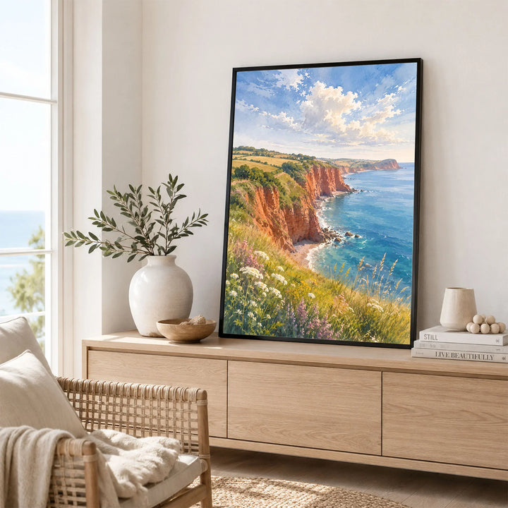 East Devon red sandstone cliffs watercolour art print framed in a living room
