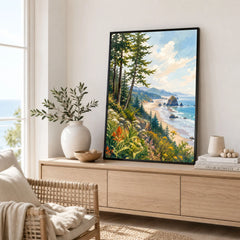 Ecola State Park Cannon Beach sea stacks watercolour art print framed in a living room