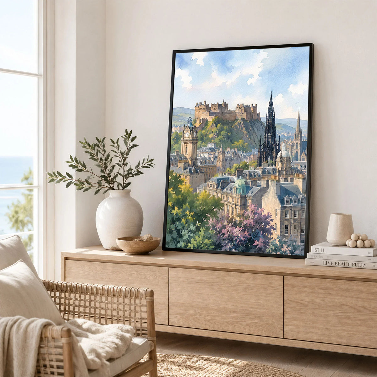 Edinburgh castle and Scott Monument watercolour art print framed in a living room