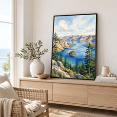 Emerald Bay State Park Fannette Island in Emerald Bay watercolour art print framed in a living room