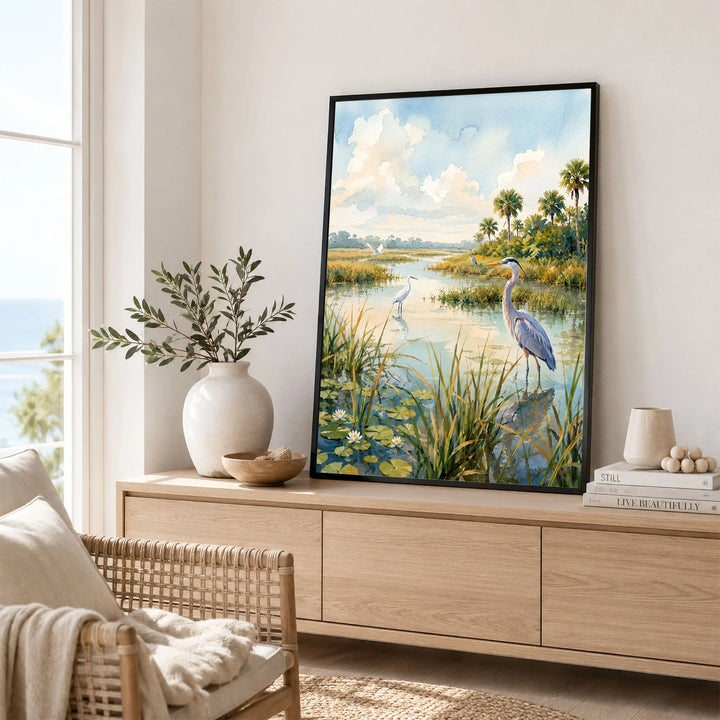 Everglades National Park herons in the wetlands watercolour art print framed in a living room